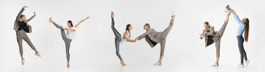 Collage. Full-length portrait of two woman, office workers performing ballet movements isolated...