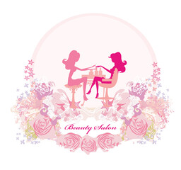 manicure in beauty salon, pink decorative card - obrazy, fototapety, plakaty