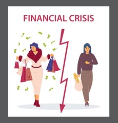 Financial crisis, social imbalance, inequality in flat vector illustration