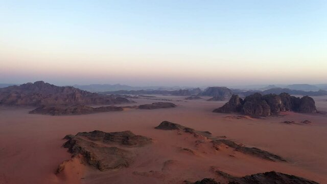 Aerial view of a sunset in the huge desert of Wadi Rum, Jordan