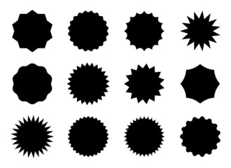 Sticker shapes of starburst, stars and sunburst. Vector round badge, circles icons with burst for promo sale, price label, tag and banners. Set of black simple sun button on white.Retro blank designs