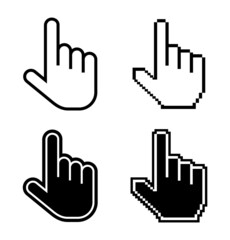 Hand cursors with clicking finger icon. Vector web pointer, computer mouse symbol. Internet buttons and pixel signs isolated on white of digital touch, press, choice for www graphic design, website