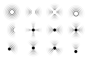 Sound wave vector icons. Circle radar or sonic sonar signals, pulses. Speaker with noise energy in air graphic. Round radio frequency. Abstract radial vibration symbol on white background. Loud scan - obrazy, fototapety, plakaty