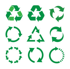 Fototapeta premium Vector icons and symbols of circle arrow of recycle, reuse, eco cycle. Logo sign of eco environment and waste, paper reuse. Round green pictograms and triangles of earth ecology flat illustration.eps