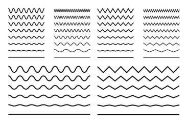 Vector zigzag lines and waves, wavy pattern. Squiggle zig zag frame with wiggle. Curvy undulate parallel borders. Curve sinuous stroke with sine. Design of squiggly seamless water graphic brushes.