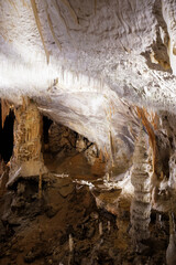 Postojna cave, Slovenia. Formations inside cave with stalactites and stalagmites.