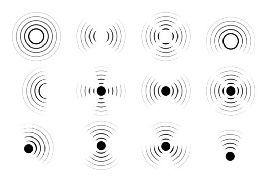 Sound wave vector icons. Circle radar or sonic sonar signals, pulses. Speaker with noise energy in air graphic. Round radio frequency. Abstract radial vibration symbol on white background. Loud scan