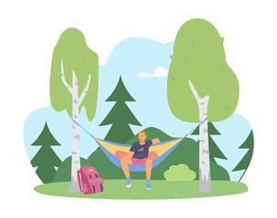 Man sitting in the hammock at forest, flat vector illustration. Tourist relax in swing hammock after hiking.