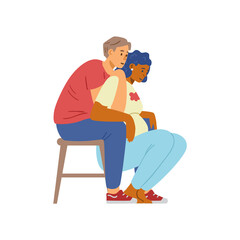 Childbirth process with pregnant woman and husband or partner, flat vector illustration isolated on white background.