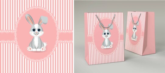  Greeting postcard with pink and white strips and little rabbit (hare). Design for girl party, gift package, baby shower and print on a different product.