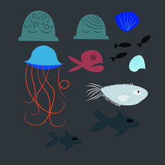 Cartoon hand drawn seafood fish elements