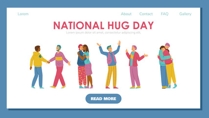 Fototapeta premium National hugging day landing page template with diverse people embracing each other, flat vector illustration.