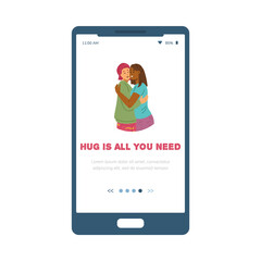 Mobile app onboarding page with hugging women, flat vector illustration.