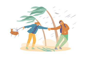 Wind storm and rain hit people on the beach, flat vector illustration on white background.