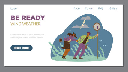 Male and female, hispanic, hold hands and help each other in the severe wind and thunderstorm weather outdoor, vector.