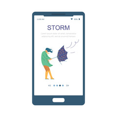 Heavy wind storm and woman with broken umbrella, user interface template, flat vector illustration.