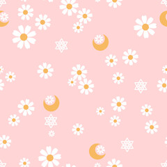Seamless pattern with daisy flower and crescent moons on pink background vector illustration.