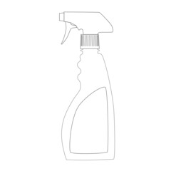 Plastic bottle with sprayer head for cleaning. Simple outline, black line on white background, flat empty icon. Vector illustration.
