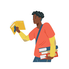Guy reads book, carries stack of books, african student reader in flat vector