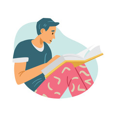 Boy sits and reads large book for college or university studies in flat vector