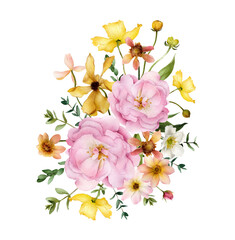 Hand-drawn watercolor floral bouquet with pink roses, dahlias, yellow flowers, greenery. Summer, spring arrangement. Garden flowers isolated on white background for wedding invitations, cards