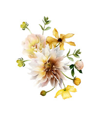 Naklejka premium Hand-drawn watercolor floral bouquet with dahlia, creamy rose, yellow flowers, buds. Summer arrangement. Garden botanical illustration isolated on white background for wedding invitations, cards