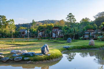 Scandanavian style cottage in Northern Thailand Nan Province looking out over the rice paddies in...