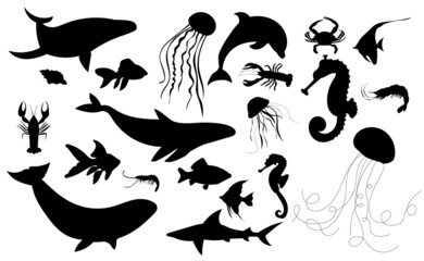 sea fish, jellyfish black isolated, vector