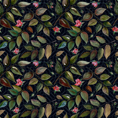 Watercolor botanical pattern with buds, branches and inflorescences of pink roses on a black background in blue circles.  Seamless texture for fabric, packaging, backgrounds, wallpapers, stationery.