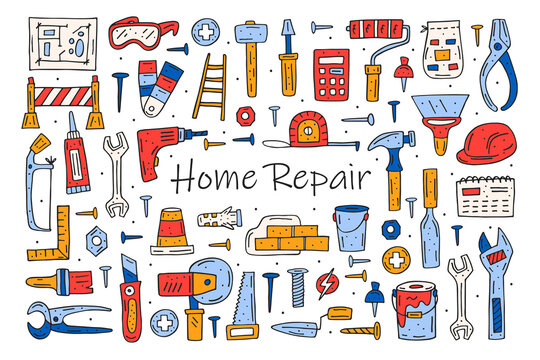 Home Repair Tools, Instruments Cartoon Cute Hand Drawn Doodle Vector Clipart, Set, Illustration, Elements, Stickers, Icons. Funny Colorful Design. Isolated On White Background.