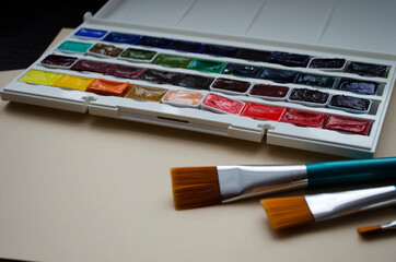 Fototapeta premium Multi tools artists paint brushes the watercolor box paints