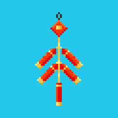 Pixel art red firecracker icon. Vector 8 bit style illustration of Chinese cracker or petard. Isolated red and gold holiday explode burst element of retro video game computer graphic.