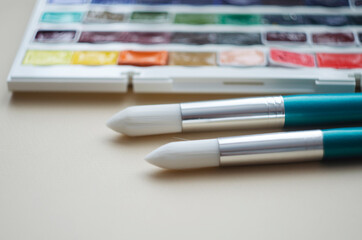 Fototapeta premium Multi tools artists paint brushes the watercolor box paints