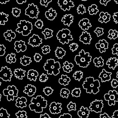 Doodled ditsy daisy seamless repeat pattern. Random placed, vector outline flowers allover print in black and white.