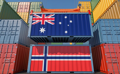 Freight containers with Australia and Norway national flags. 3D Rendering 
