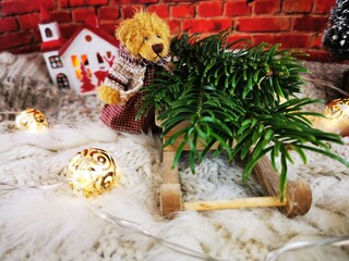 Christmas Decoration. Teddy bear pushing sled with christmas tree branches.