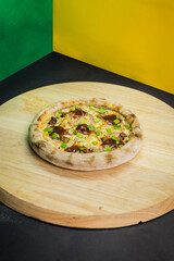 Delicious Pizza Burger Classic Homemade Artisan Tomato Sauce Sausage Cheese Onion Chicken Meat Pasta Shrimp Restaurant Menu Gourmet on a wooden table