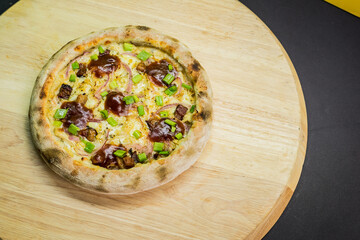 Delicious Pizza Burger Classic Homemade Artisan Tomato Sauce Sausage Cheese Onion Chicken Meat...