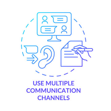 Use multiple communication channels blue gradient concept icon. Teamwork abstract idea thin line illustration. Isolated outline drawing. Roboto-Medium, Myriad Pro-Bold fonts used