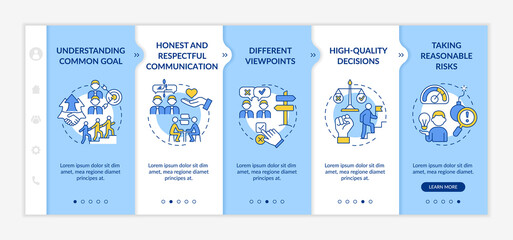 Teamwork tips blue and white onboarding template. Successful company work. Responsive mobile website with linear concept icons. Web page walkthrough 5 step screens. Lato-Bold, Regular fonts used