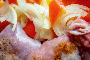 Fresh raw chicken meat pieces. Ready to cook turkey meat with cutting vegetable