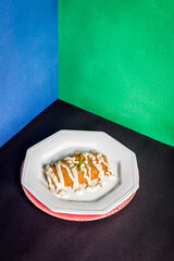 Delicious Pizza Burger Classic Homemade Artisan Tomato Sauce Sausage Cheese Onion Chicken Meat Pasta Shrimp Restaurant Menu Gourmet on a wooden table