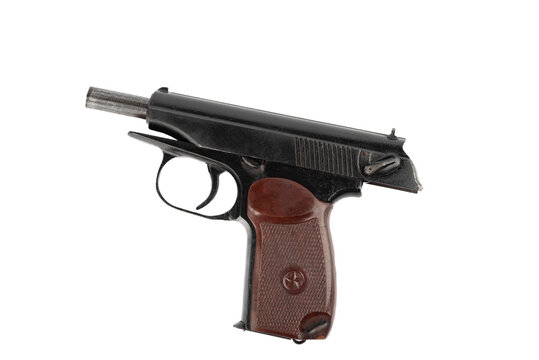 Close-up on a Makarov pistol with the bolt stopped in the open position against a white background.