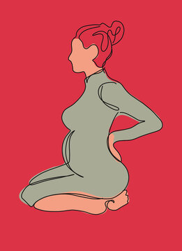 Vector continuous line drawing with a pregnant woman. Aesthetic illustration poster on red background