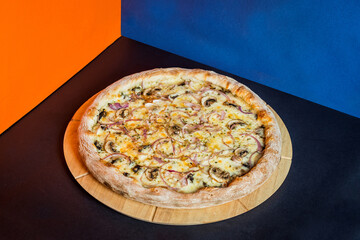 Delicious Pizza Burger Classic Homemade Artisan Tomato Sauce Sausage Cheese Onion Chicken Meat Pasta Shrimp Restaurant Menu Gourmet on a wooden table