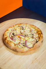 Delicious Pizza Burger Classic Homemade Artisan Tomato Sauce Sausage Cheese Onion Chicken Meat Pasta Shrimp Restaurant Menu Gourmet on a wooden table