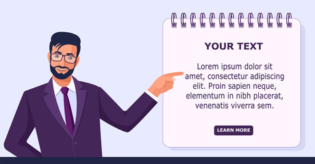 Male Indian businessman in a suit and tie smiles and points with his hand to an empty space to insert text. Color banner illustration.