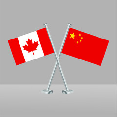 Crossed flags of Canada and China. Official colors. Correct proportion. Banner design
