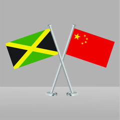 Crossed flags of Jamaica and China. Official colors. Correct proportion. Banner design
