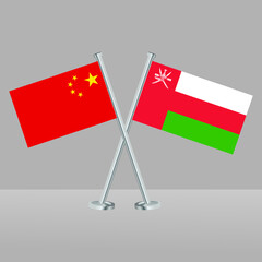 Crossed flags of Oman and China. Official colors. Correct proportion. Banner design
